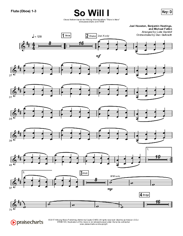 So Will I (100 Billion X) (Choral Anthem SATB) Flute/Oboe 1/2/3 (Hillsong Worship / Arr. Luke Gambill)