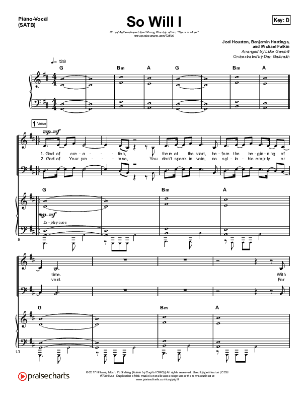 So Will I (100 Billion X) (Choral Anthem SATB) Piano/Vocal Pack (Hillsong Worship / Arr. Luke Gambill)
