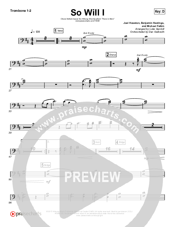 So Will I (100 Billion X) (Choral Anthem SATB) Trombone 1/2 (Hillsong Worship / Arr. Luke Gambill)