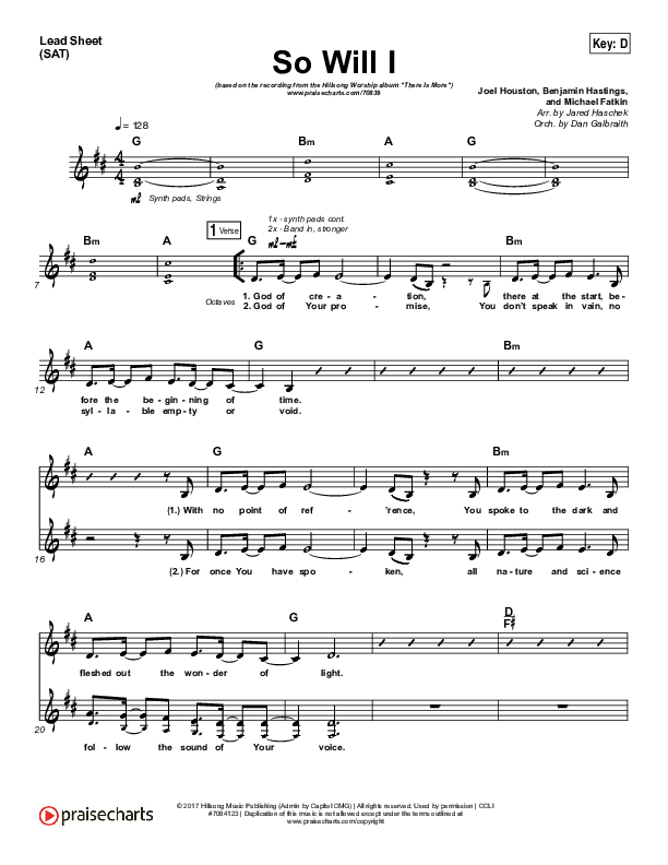 So Will I (100 Billion X) (Choral Anthem SATB) Lead Sheet (SAT) (Hillsong Worship / Arr. Luke Gambill)