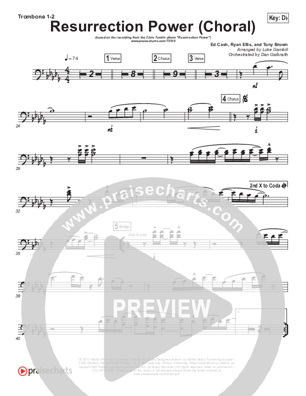 Resurrection Power (Choral Anthem SATB) Trombone 1/2 (Chris Tomlin / Arr. Luke Gambill)