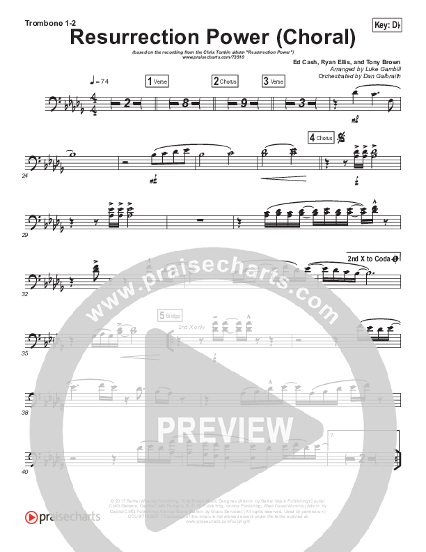 Resurrection Power (Choral Anthem SATB) Trombone 1/2 (Chris Tomlin / Arr. Luke Gambill)