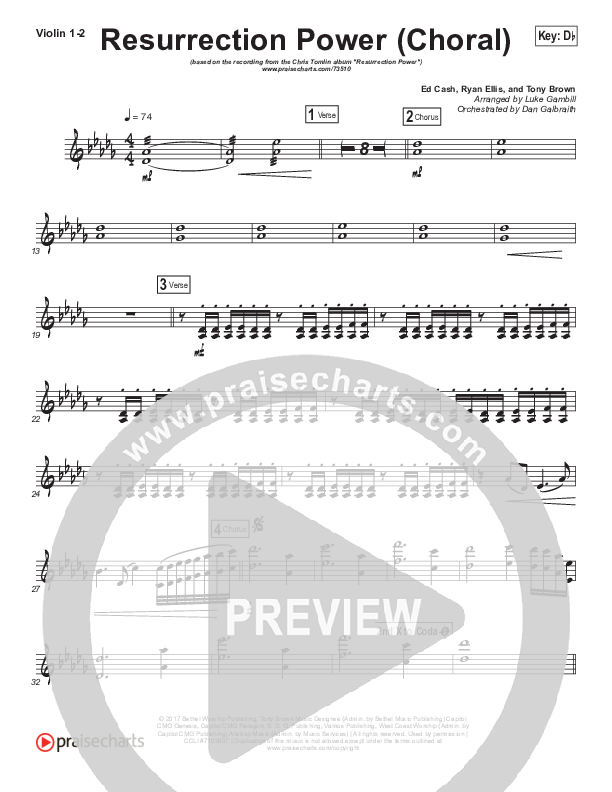 Resurrection Power (Choral Anthem SATB) Violin 1/2 (Chris Tomlin / Arr. Luke Gambill)