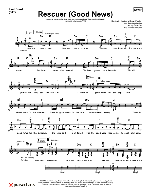 Rescuer (Good News) (Choral Anthem SATB) Lead Sheet (SAT) (Rend Collective / Arr. Luke Gambill)