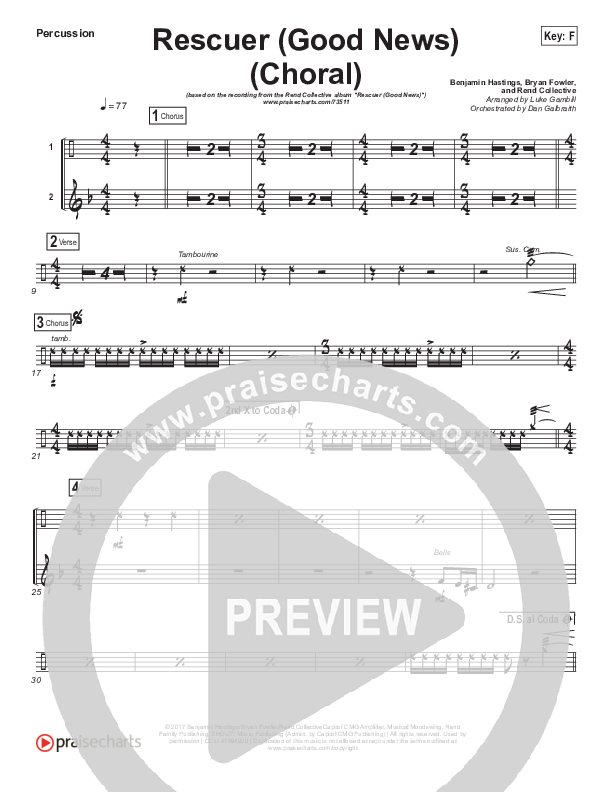 Rescuer (Good News) (Choral Anthem SATB) Percussion (Rend Collective / Arr. Luke Gambill)