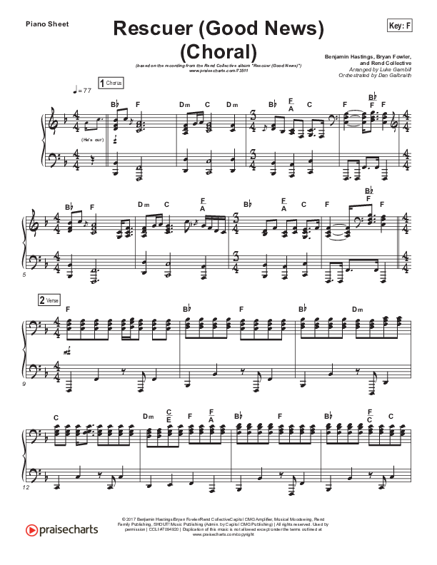 Rescuer (Good News) (Choral Anthem SATB) Piano Sheet (Rend Collective / Arr. Luke Gambill)