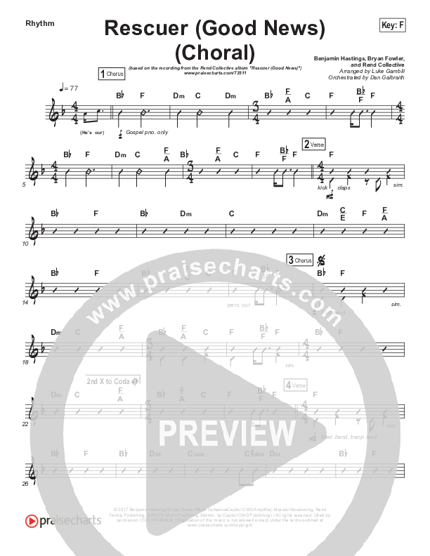 Rescuer (Good News) (Choral Anthem SATB) Rhythm Chart (Rend Collective / Arr. Luke Gambill)