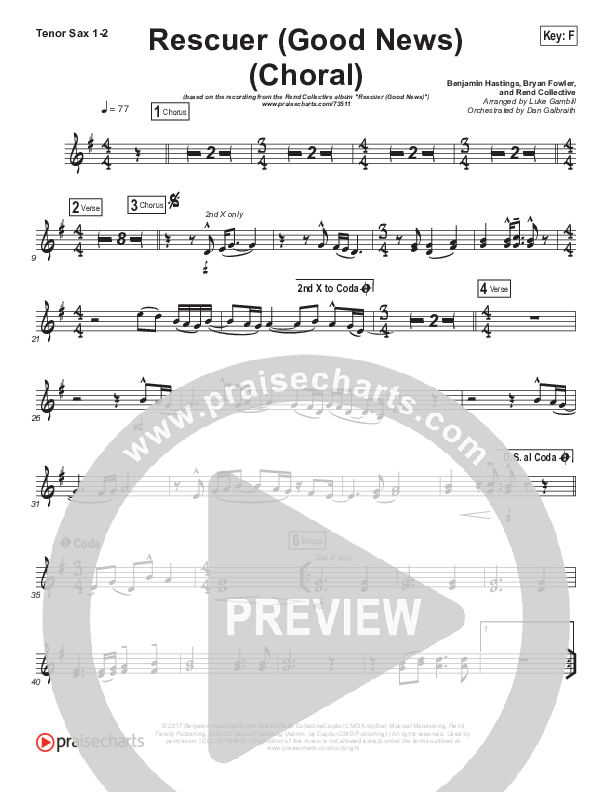 Rescuer (Good News) (Choral Anthem SATB) Tenor Sax 1/2 (Rend Collective / Arr. Luke Gambill)