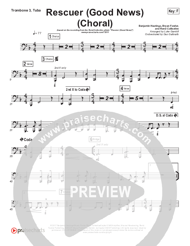 Rescuer (Good News) (Choral Anthem SATB) Trombone 3/Tuba (Rend Collective / Arr. Luke Gambill)