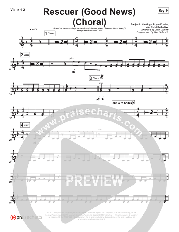 Rescuer (Good News) (Choral Anthem SATB) Violin 1/2 (Rend Collective / Arr. Luke Gambill)