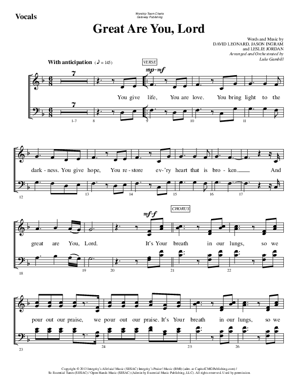 Great Are You Lord Choir Sheet (SATB) (WorshipTeam.tv)