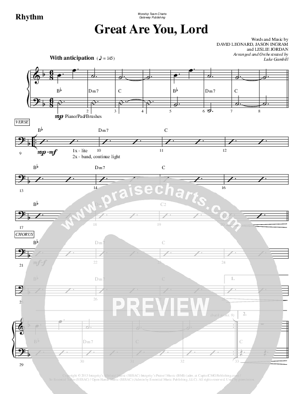 Great Are You Lord Rhythm Chart (WorshipTeam.tv)