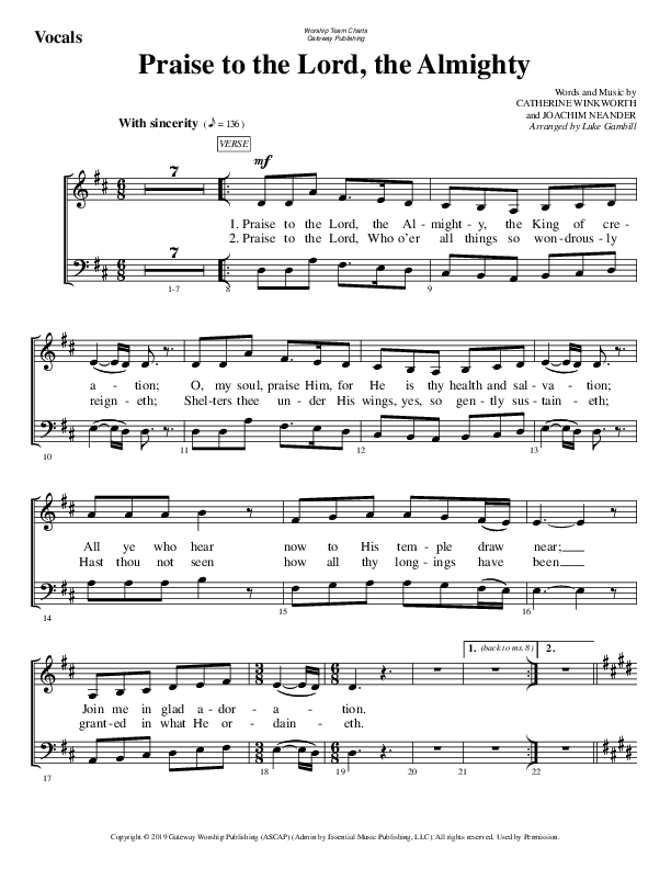 Praise To The Lord The Almighty Choir Sheet (SATB) (WorshipTeam.tv)