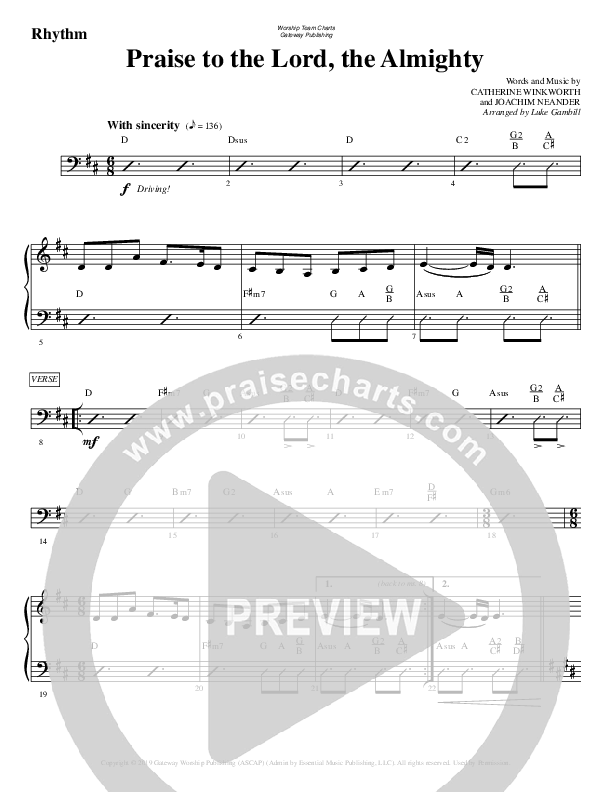 Praise To The Lord The Almighty Rhythm Chart (WorshipTeam.tv)