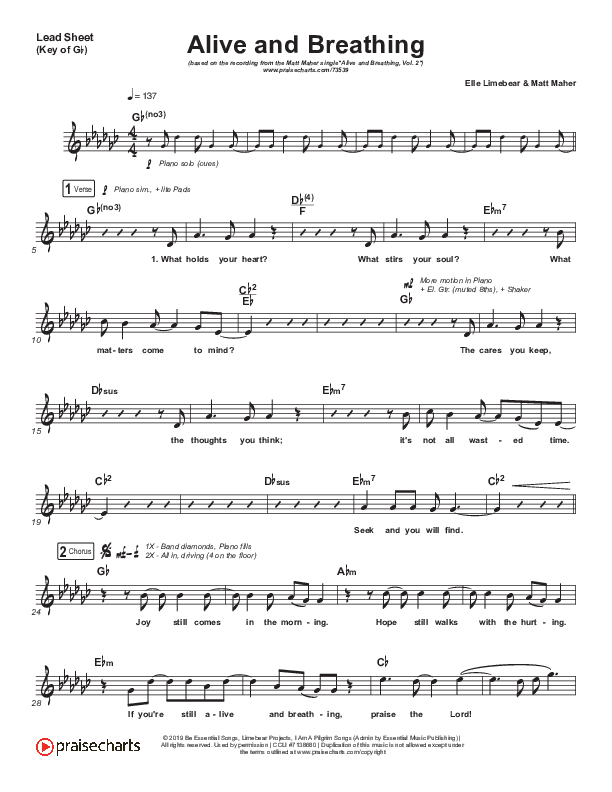 Alive And Breathing Lead Sheet (Melody) (Matt Maher / Elle Limebear)