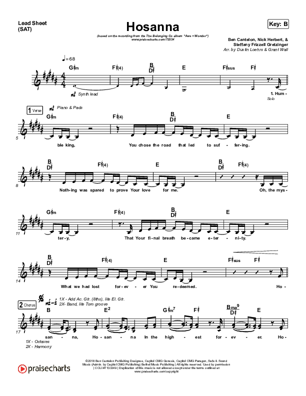 Hosanna Lead Sheet (SAT) (The Belonging Co / Kari Jobe)