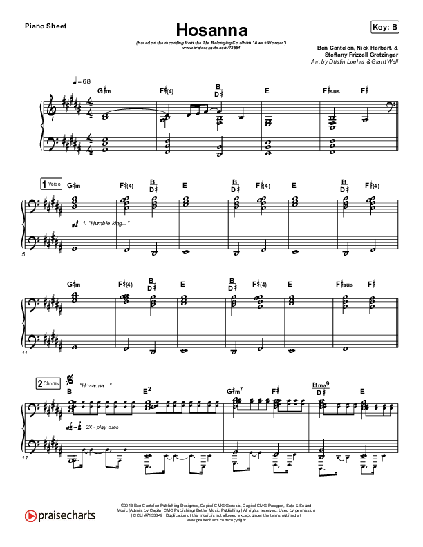 Hosanna Piano Sheet (The Belonging Co / Kari Jobe)