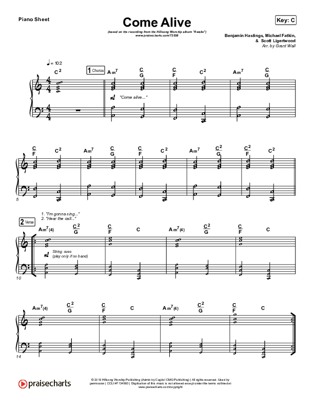 Come Alive Piano Sheet (Hillsong Worship)