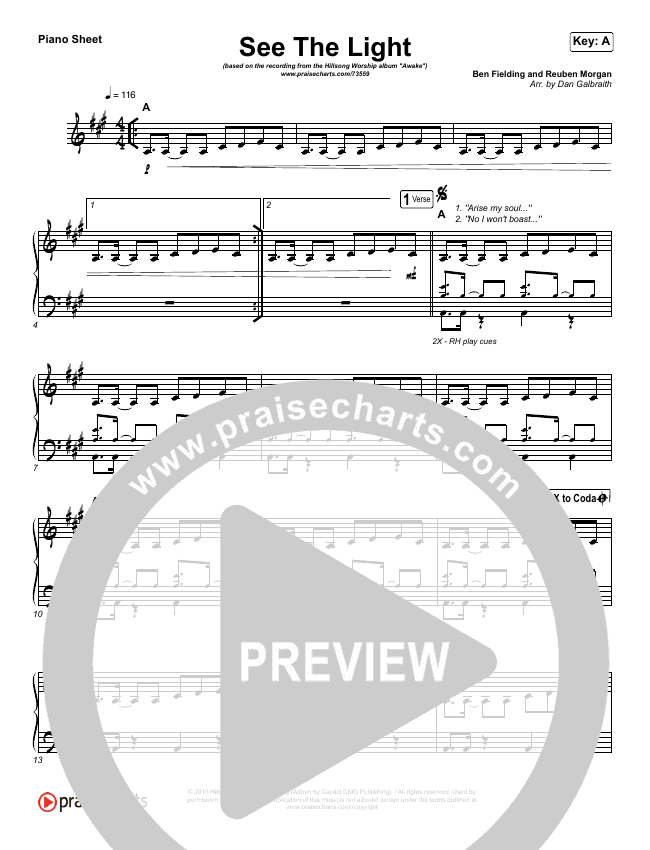 See The Light Piano Sheet No Vocals Hillsong Worship