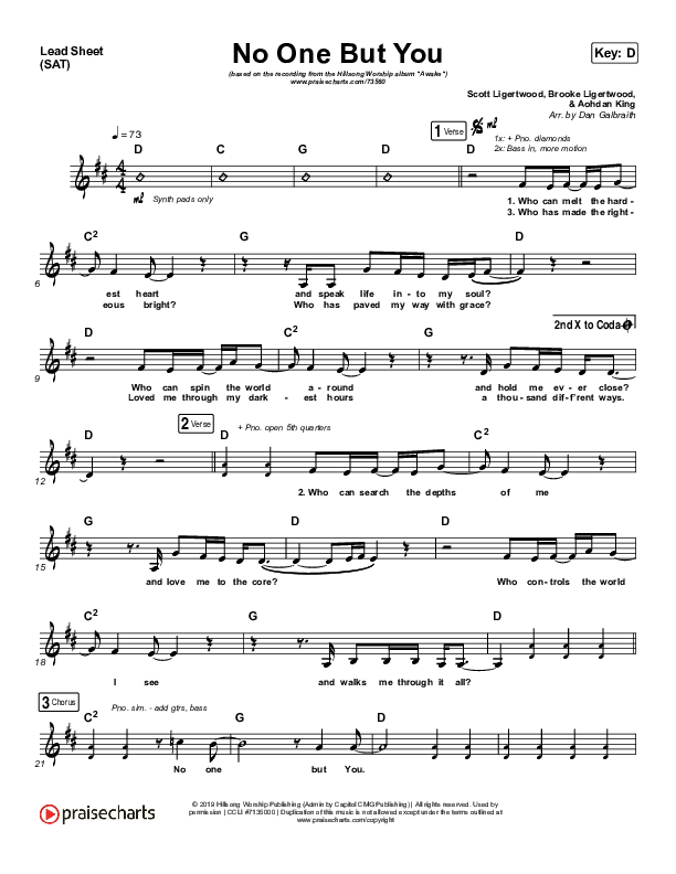 No One But You Lead Sheet (SAT) (Hillsong Worship)