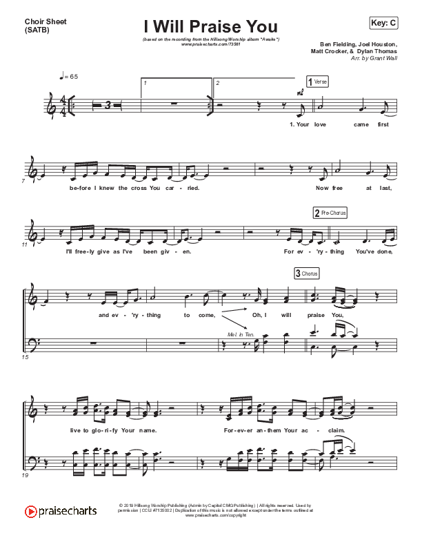 I Will Praise You Choir Vocals (SATB) (Hillsong Worship)