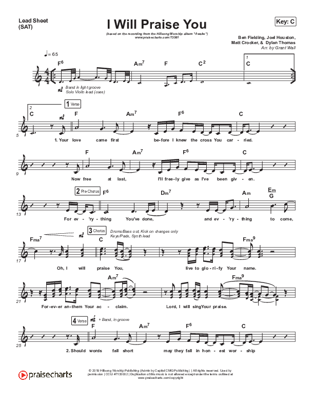 I Will Praise You Lead Sheet (SAT) (Hillsong Worship)