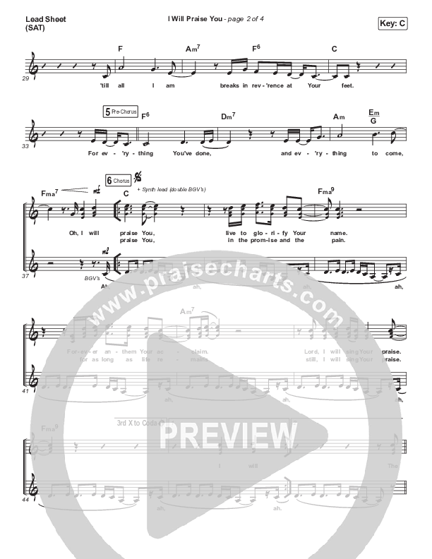 I Will Praise You Lead Sheet (SAT) (Hillsong Worship)