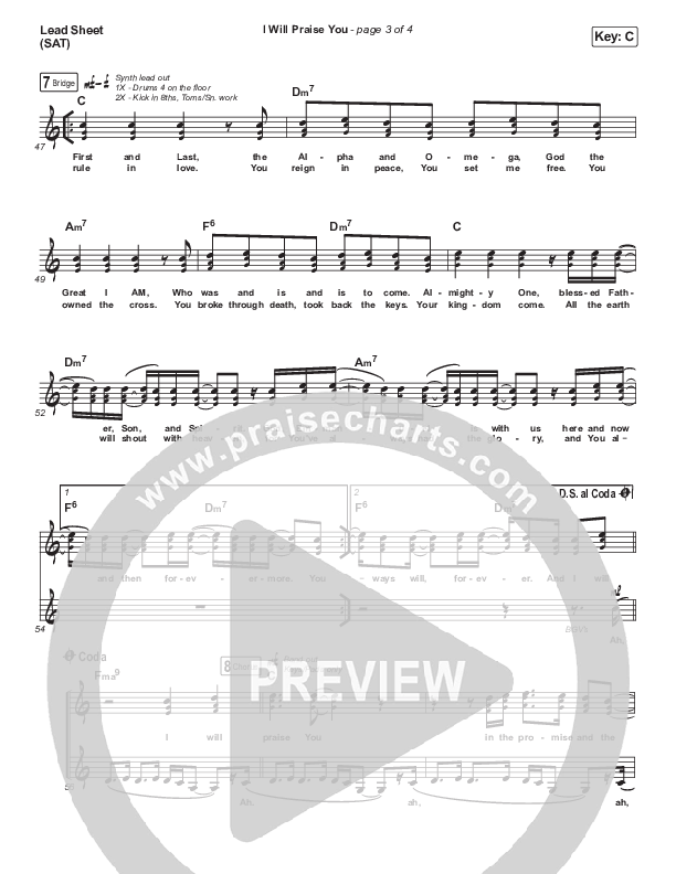 I Will Praise You Lead Sheet (SAT) (Hillsong Worship)