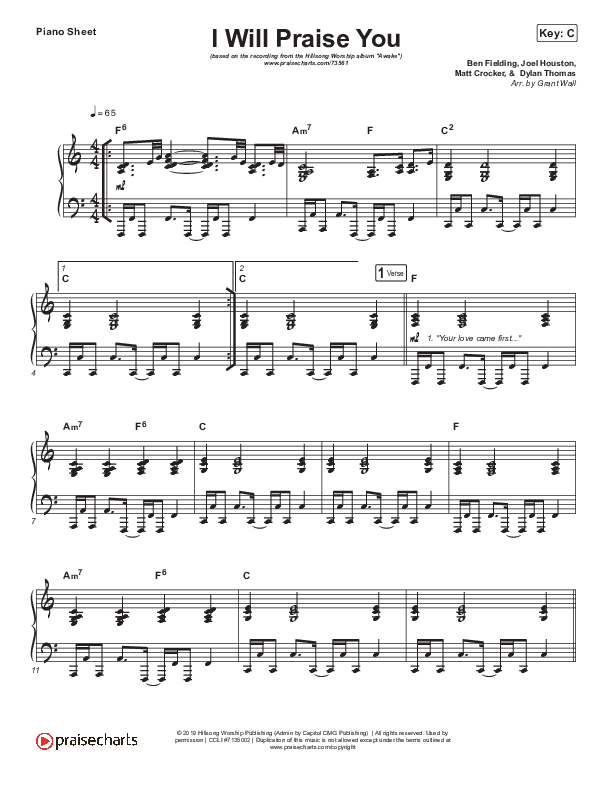 I Will Praise You Piano Sheet (Hillsong Worship)