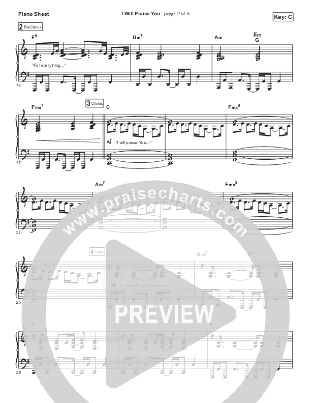 I Will Praise You Piano Sheet (Hillsong Worship)