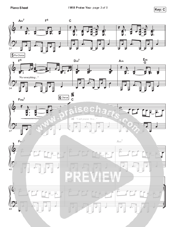 I Will Praise You Piano Sheet (Hillsong Worship)