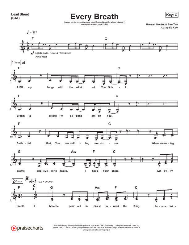 Every Breath Lead Sheet (SAT) (Hillsong Worship / Hannah Hobbs)