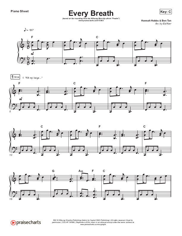 Every Breath Piano Sheet (Hillsong Worship / Hannah Hobbs)