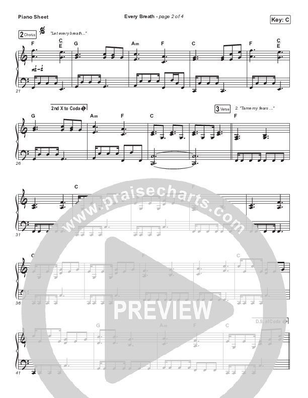 Every Breath Piano Sheet (Hillsong Worship / Hannah Hobbs)