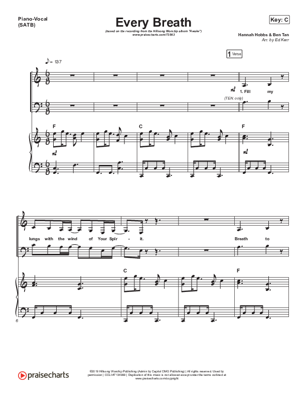 Every Breath Piano/Vocal (SATB) (Hillsong Worship / Hannah Hobbs)