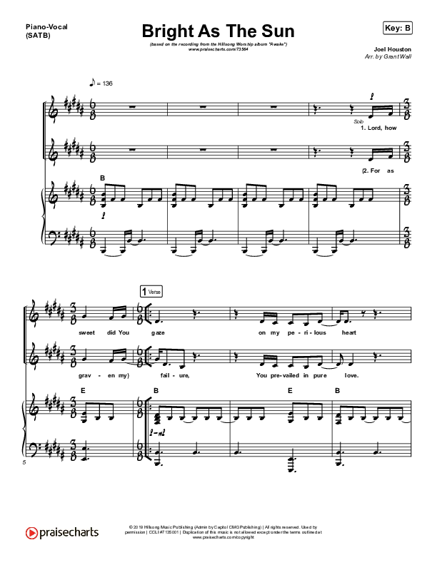 Bright As The Sun Piano/Vocal (SATB) (Hillsong Worship)