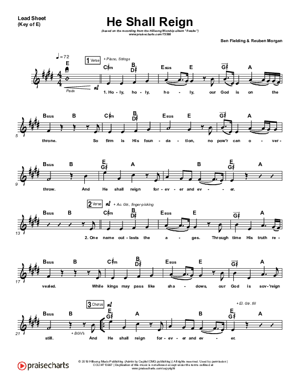 He Shall Reign Lead Sheet (Melody) (Hillsong Worship)
