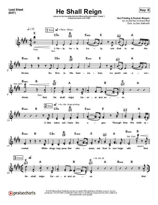 He Shall Reign Lead Sheet (SAT) (Hillsong Worship)