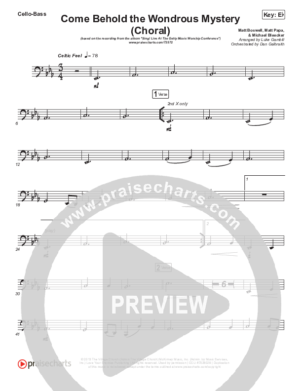 Come Behold The Wondrous Mystery (Choral Anthem SATB) Cello/Bass (Keith & Kristyn Getty / Arr. Luke Gambill)