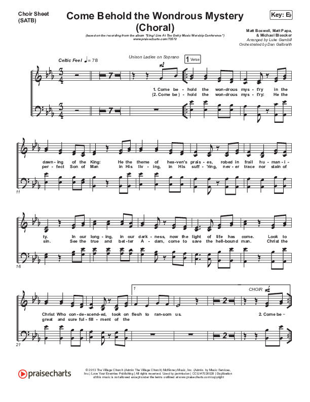 Come Behold The Wondrous Mystery (Choral Anthem SATB) Choir Sheet (SATB) (Keith & Kristyn Getty / Arr. Luke Gambill)