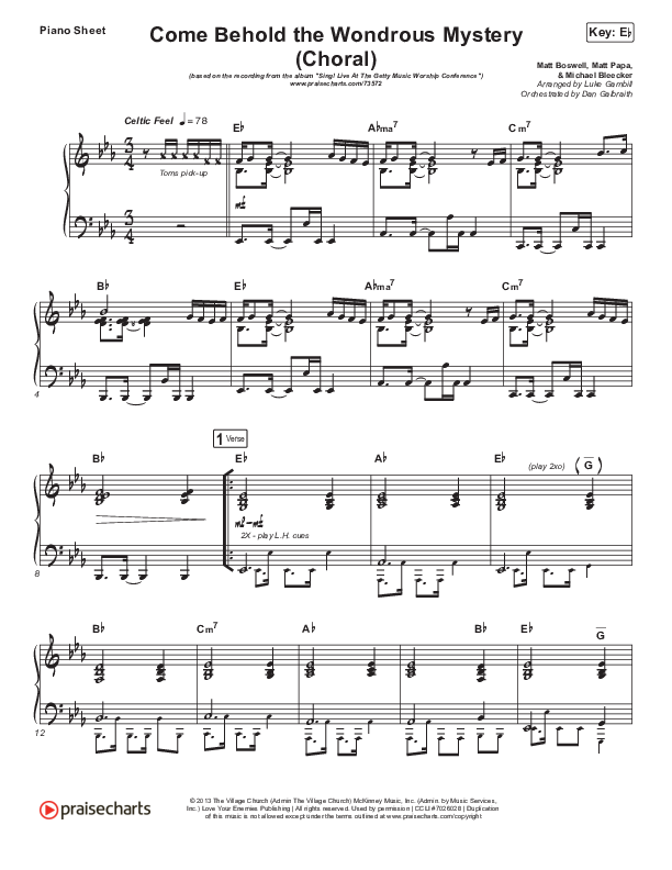 Come Behold The Wondrous Mystery (Choral Anthem SATB) Piano Sheet (Keith & Kristyn Getty / Arr. Luke Gambill)