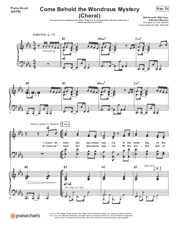 Come Behold The Wondrous Mystery (Choral Anthem SATB) Piano/Choir (SATB) (Keith & Kristyn Getty / Arr. Luke Gambill)