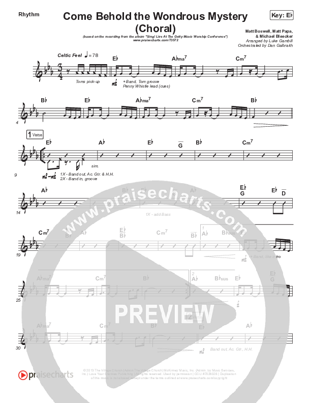 Come Behold The Wondrous Mystery (Choral Anthem SATB) Rhythm Chart (Keith & Kristyn Getty / Arr. Luke Gambill)
