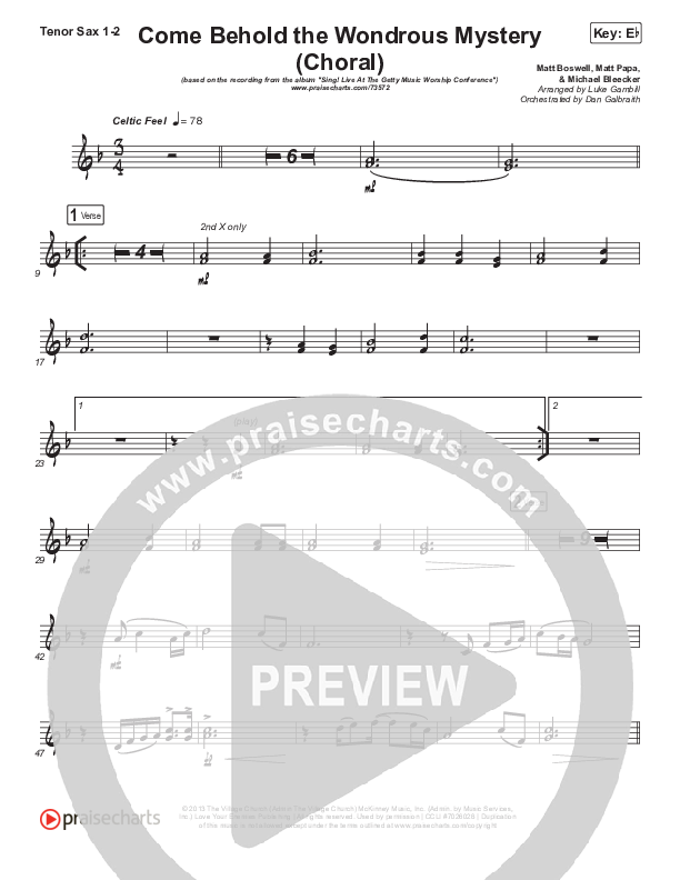 Come Behold The Wondrous Mystery (Choral Anthem SATB) Tenor Sax 1/2 (Keith & Kristyn Getty / Arr. Luke Gambill)