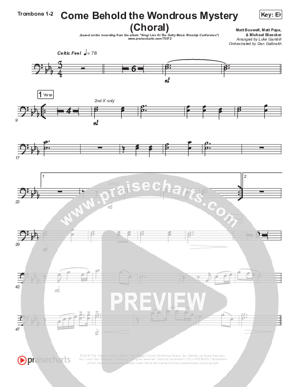Come Behold The Wondrous Mystery (Choral Anthem SATB) Trombone 1/2 (Keith & Kristyn Getty / Arr. Luke Gambill)