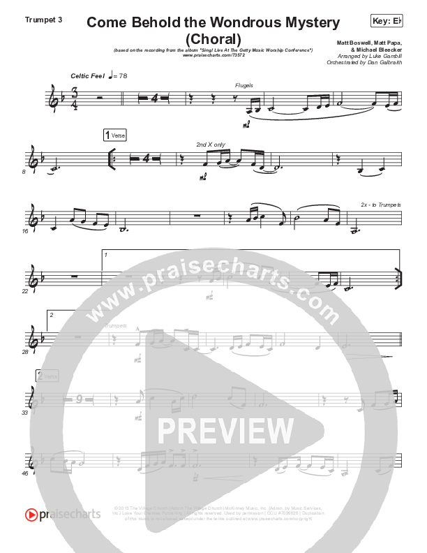 Come Behold The Wondrous Mystery (Choral Anthem SATB) Trumpet 3 (Keith & Kristyn Getty / Arr. Luke Gambill)