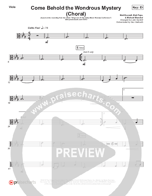 Come Behold The Wondrous Mystery (Choral Anthem SATB) Viola (Keith & Kristyn Getty / Arr. Luke Gambill)
