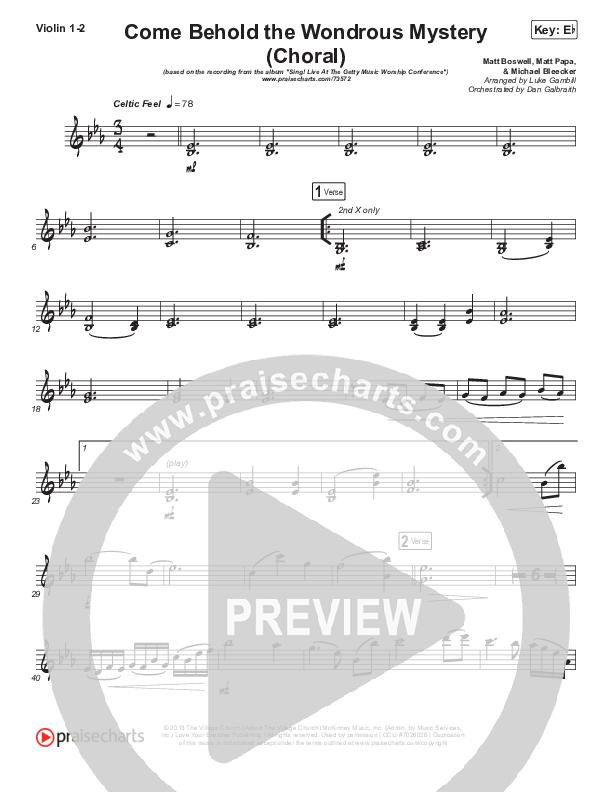Come Behold The Wondrous Mystery (Choral Anthem SATB) Violin 1/2 (Keith & Kristyn Getty / Arr. Luke Gambill)