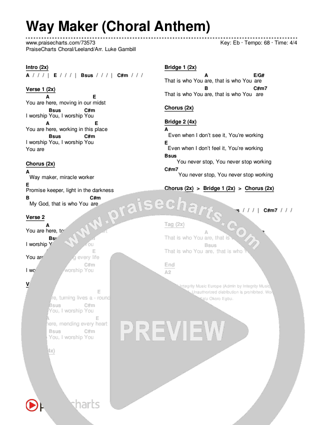 Way Maker (Choral Anthem SATB) Chords & Lyrics (Leeland / Arr. Luke Gambill)