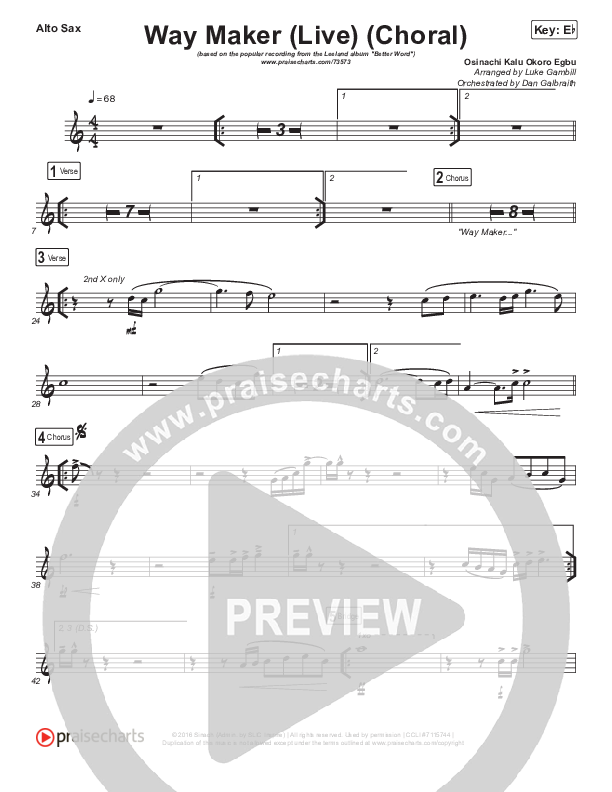Way Maker (Choral Anthem SATB) Alto Sax (Leeland / Arr. Luke Gambill)